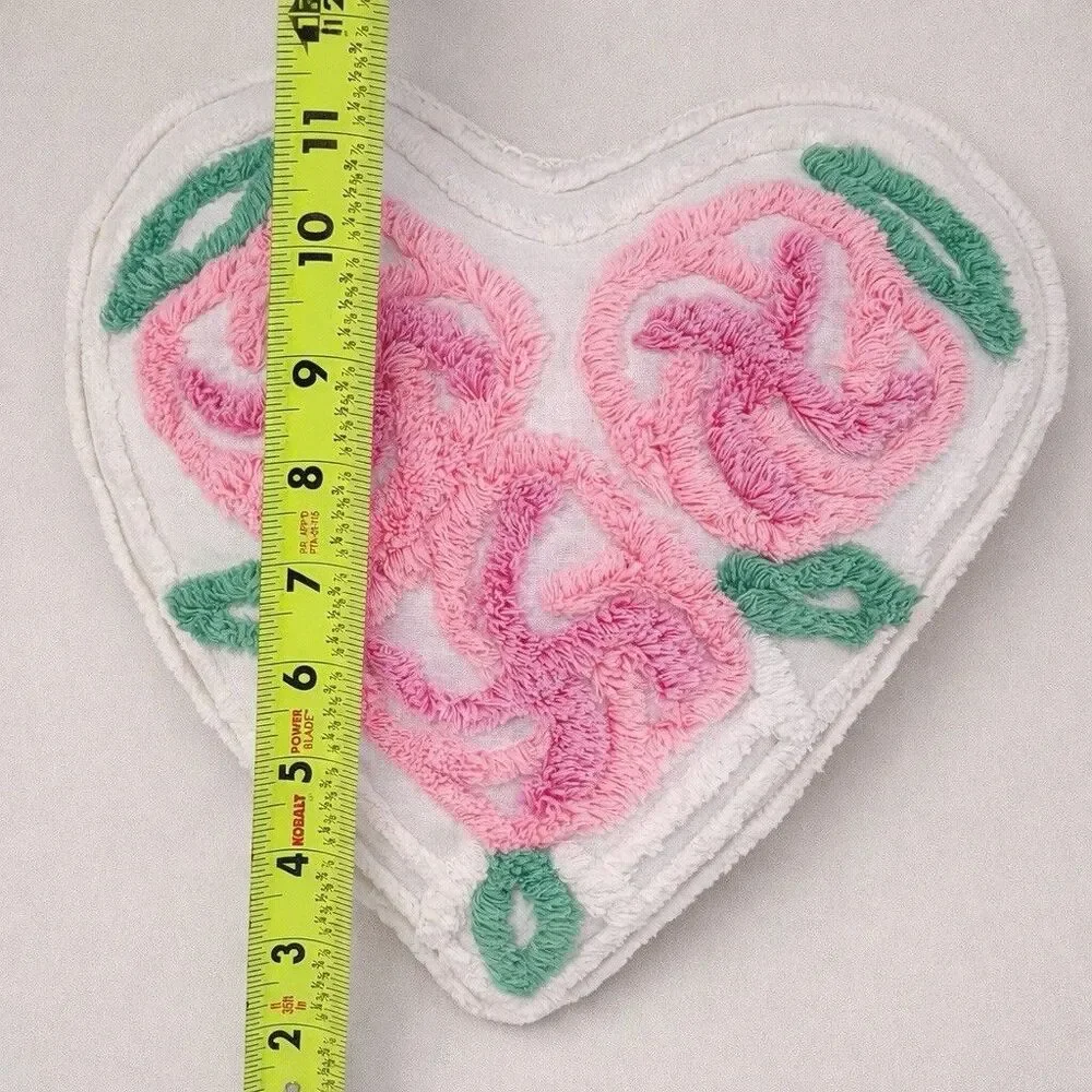 Vintage Chenille Heart Love Pillow Floral Cottagecore Shabby Chic Spring Decor
